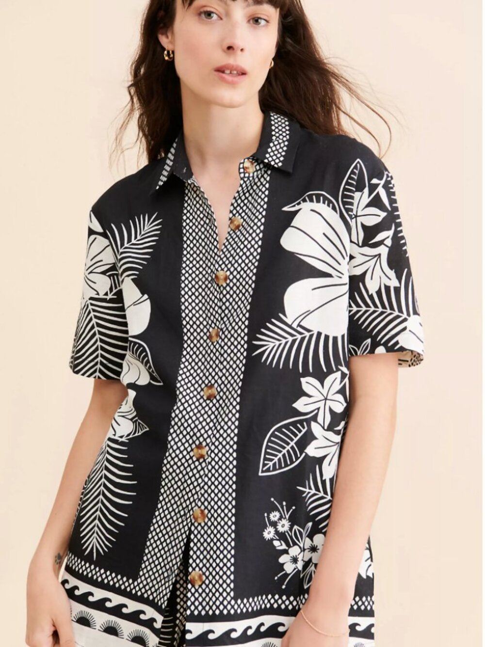FARM Rio Macaw Elegance Buttondown- S- Black/White- MSRP $145
